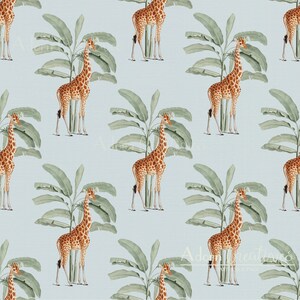 May include: A repeating pattern featuring giraffes and banana trees on a light blue background. The giraffes have brown and tan spots, and the banana trees have large green leaves. The overall design has a vintage, safari theme.
