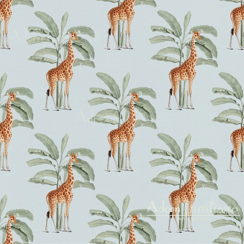 May include: A repeating pattern featuring giraffes and banana trees on a light blue background. The giraffes have brown and tan spots, and the banana trees have large green leaves. The overall design has a vintage, safari theme.