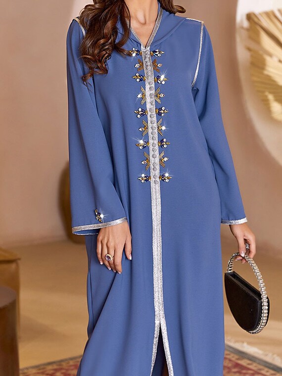 Djellaba Caftan Blue With Hood Long Dress With Hand sewn Beads
