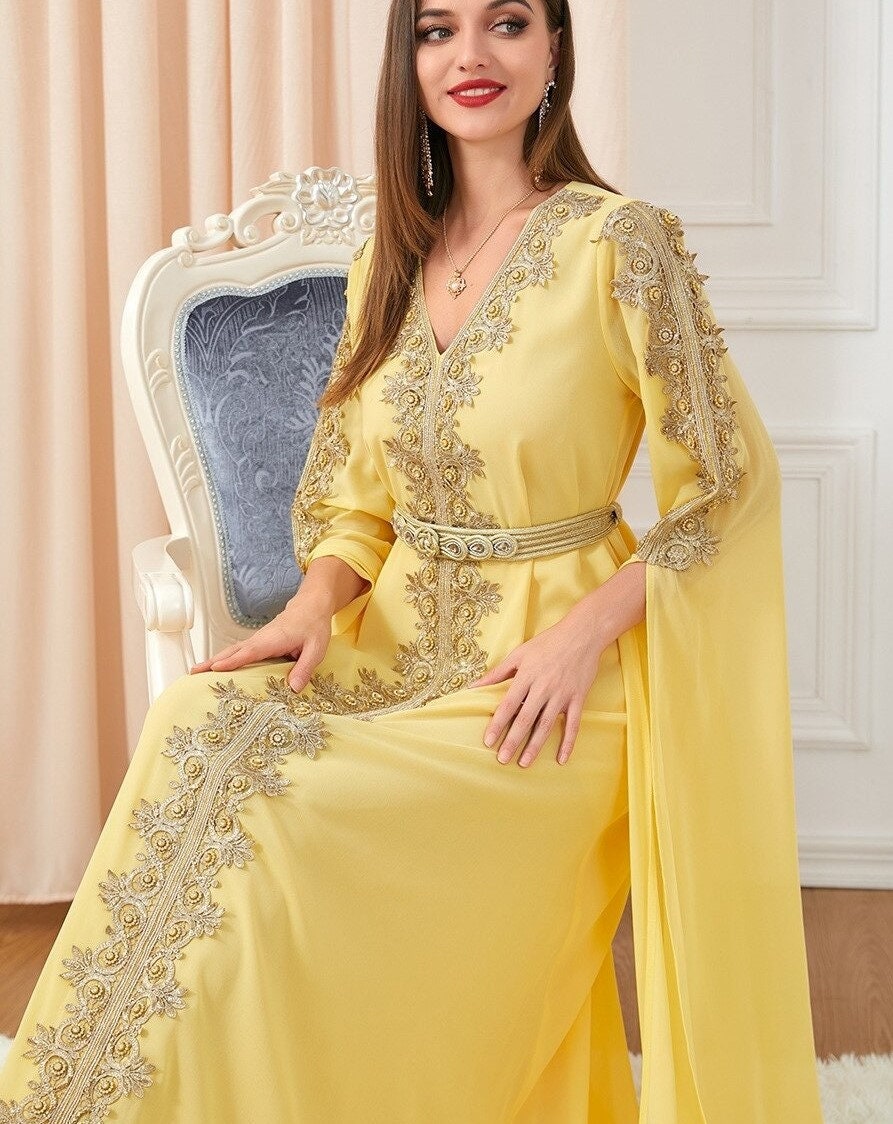 Train Effect Kaftan Style Dress With Embroidery Etsy