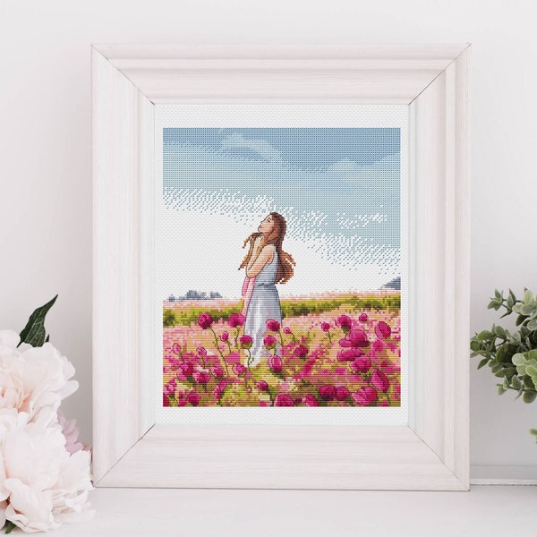 Flower Field Cross Stitch Pattern - Summer Girl Counted Cross Stitch Chart - Pink Flowers Embroidery Pattern - Instant Download PDF Pattern