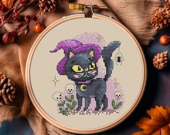 Funny Black Cat Cross Stitch Pattern - Witch Kitty (PDF Pattern)