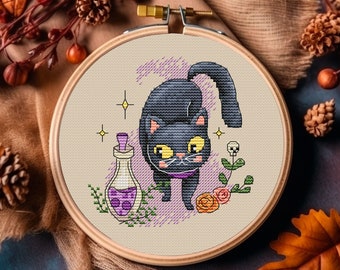 Funny Black Cat Cross Stitch Pattern – Cute Kitty Embroidery (PDF Pattern)