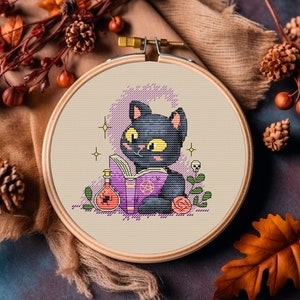 Funny Pet Cross Stitch Pattern - Black Kitten Counted Cross Stitch Chart - Animal Embroidery PDF Pattern