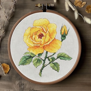 May include: A yellow rose with green leaves and a bud, embroidered on a white fabric stretched over a wooden hoop.