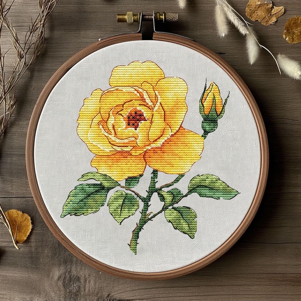 Yellow Rose Cross Stitch Pattern: Floral Needlepoint (PDF Download)