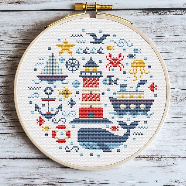 Nautical Cross Stitch Pattern PDF | Whale, Lighthouse, Boat Sampler | Modern Sea Embroidery Design