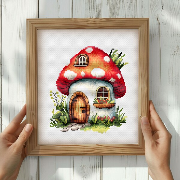 Mushroom House Cross Stitch Pattern - Summer Counted Cross Stitch Tutorial - Needlework Design - Needlepoint Chart - PDF Pattern