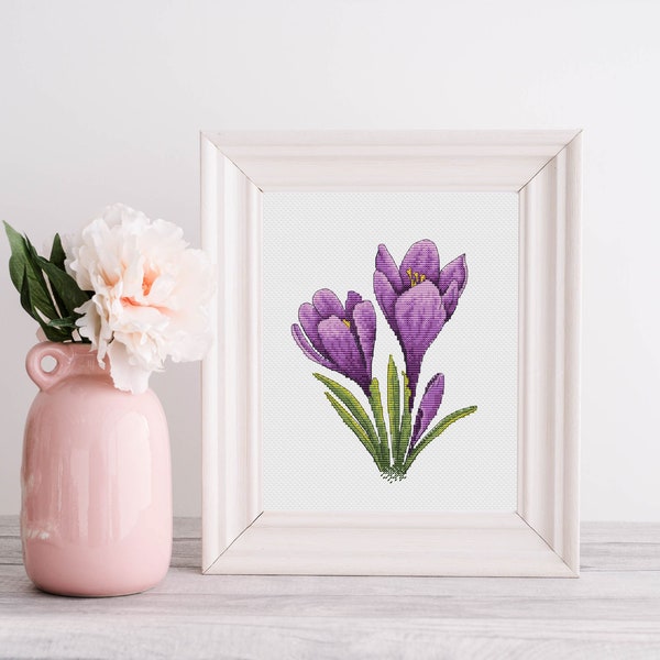 Crocuses Cross Stitch Pattern - Summer Flowers Counted Cross Stitch Tutorial - Floral Embroidery Design - Needlepoint Chart - Xstitch PDF