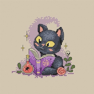 Black Kitten Cross Stitch Pattern - Halloween Counted Cross Stitch Chart -  Cute Cat Xstitch Design - Instant download PDF Pattern
