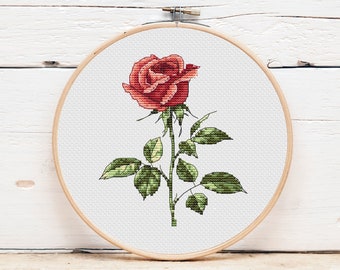 Red Rose Cross Stitch Pattern - Flower Cross Stitch - Modern Cross Stitch - DMC Chart Needlepoint Embroidery Printable PDF Instant Download