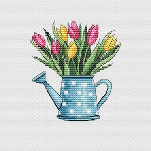 Tulpen kruissteekpatroon - lentebloemen getelde kruissteek tutorial - boeket borduren ontwerpen - borduurpatroon - xstitch pdf