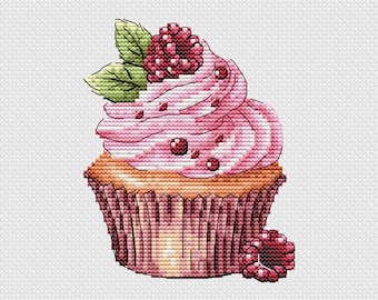 Patrón de punto de cruz para cupcakes de frambuesa – Bordado de dulces de verano (PDF)