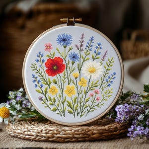 Puede incluir: Un bastidor de bordado de punto de cruz terminado con un diseño floral colorido. El diseño incluye una amapola roja, acianos azules, margaritas amarillas y blancas y otras flores silvestres. El bordado está en un bastidor de madera.