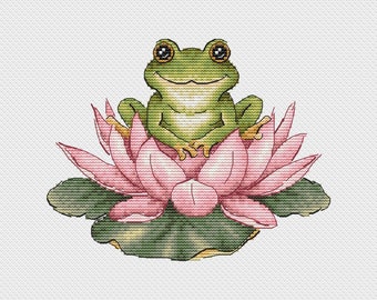 Frog on Lotus Cross Stitch Pattern - Funny Animal Embroidery (PDF Pattern)