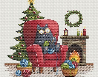Patrón de punto de cruz de gato navideño / Escena navideña con chimenea (patrón en PDF)