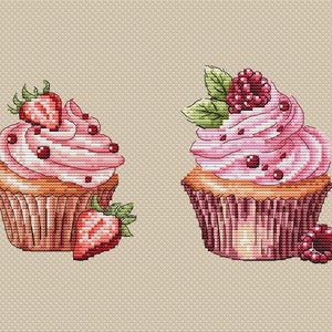 Strawberry Cupcake Cross Stitch Pattern - Raspberries Counted Xstitch Tutorial - Sweets Embroidery Design - Needlepoint Chart - PDF Pattern