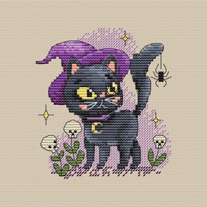 Black Cat Cross Stitch Pattern - Halloween Counted Cross Stitch Chart - Cute Kitten Xstitch Design - Instant download PDF Pattern