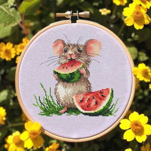 Korsstygnsmönster med mus: Sommarvattenmelonbroderi (PDF-mönster att ladda ner)