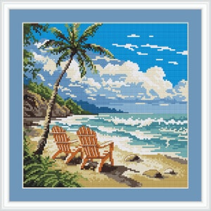 May include: A cross-stitch pattern of a beach scene with two orange chairs on the sand, a palm tree, and a blue sky with white clouds.