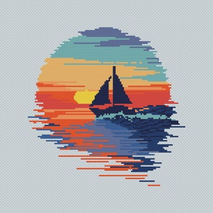 Sailboat Sunrise Cross Stitch Pattern: Easy Needlepoint Chart (PDF Pattern