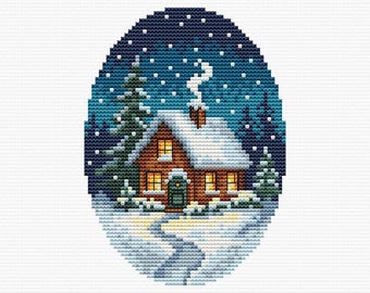 May include: Cross-stitch design of a cozy cabin in a snowy winter scene. The cabin has a snow-covered roof, lit windows, and a smoking chimney. The background features a dark blue sky with falling snow and evergreen trees.