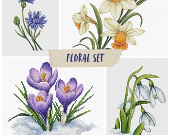 Floral Cross Stitch Pattern: Spring Flowers - Daffodils, Snowdrops (PDF Chart Instant Download)