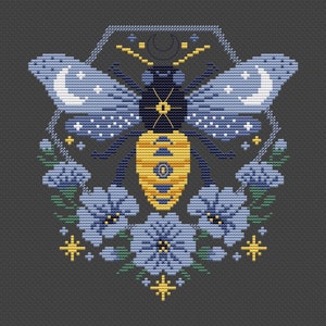 Bee Cross Stitch Pattern - Blue Flowers Counted Cross Stitch Chart - Instant download PDF - Floral Xstitch - Modern Cross Stitch