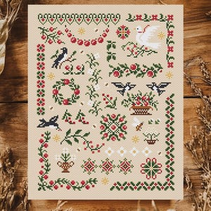 Cherry Garden Cross Stitch Pattern – Birds, Blossoms & Berries – Botanical Vintage PDF Pattern, Xstitch Sampler, Instant Download Embroidery