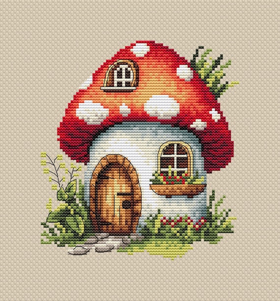 Mushroom House Cross Stitch Pattern – Summer Needlework (PDF Pattern)