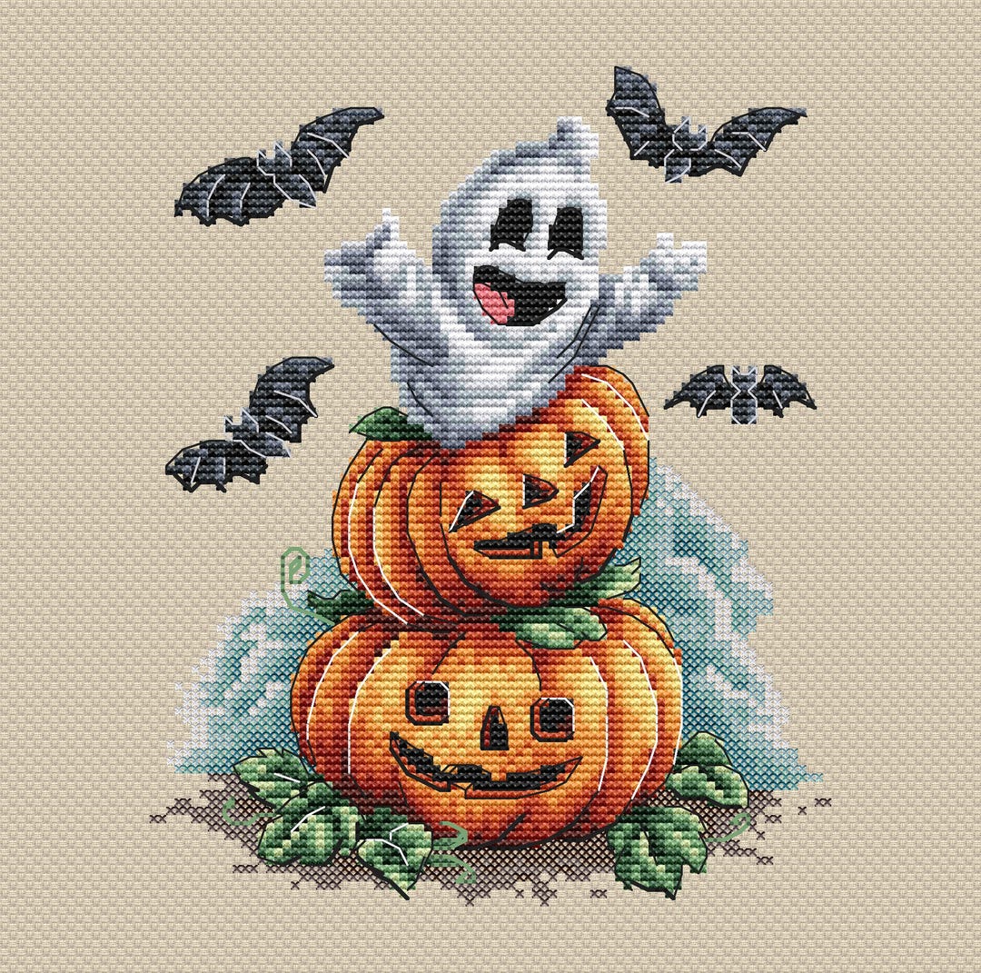 Halloween Ghost Cross Stitch Pattern, Pumpkins, Bats (PDF Pattern ...