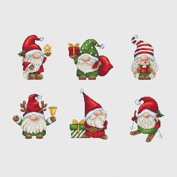 May include: Six Christmas gnomes with red hats and white beards. The gnomes are wearing green outfits and holding various Christmas-themed items, such as a star, a gift, a bell, and skis.