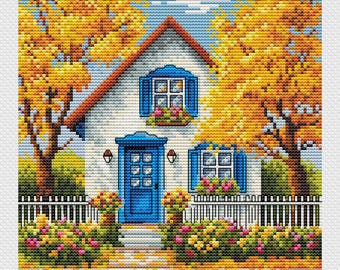 Kruissteekpatroon herfsthuisje | PDF met borduurmotieven Fall House