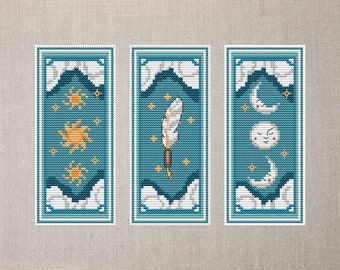 Modern Celestial Bookmarks Cross Stitch Pattern: Sun, Moon, Quill (PDF Download)