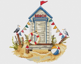 Summer Beach Cross Stitch Pattern - Beach House Counted Cross Stitch Chart - Bird Embroidery Design - Instant Download PDF Pattern