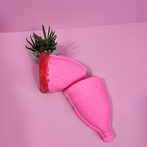 Puede incluir: Dos copas menstruales rosas, una con un borde rojo, están sobre una superficie rosa. Una pequeña planta suculenta en maceta está en el fondo.