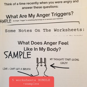 May include: A black and white illustration of a person with a red box that says "5 worksheets bundle + samples". The illustration shows the person's head, arms, and legs. The person's head has three lines drawn on it and the text "My thoughts start going crazy!" is written above the head. The text "Like I can't get a breath" is written below the person's head. The text "I want to make fists with my hands" is written below the person's legs. The text "Understanding My Anger" is written at the top of the page. The text "What Are My Anger Triggers?" is written in a box below the title. The text "What Does Anger Feel Like In My Body?" is written in a box below the text about anger triggers.