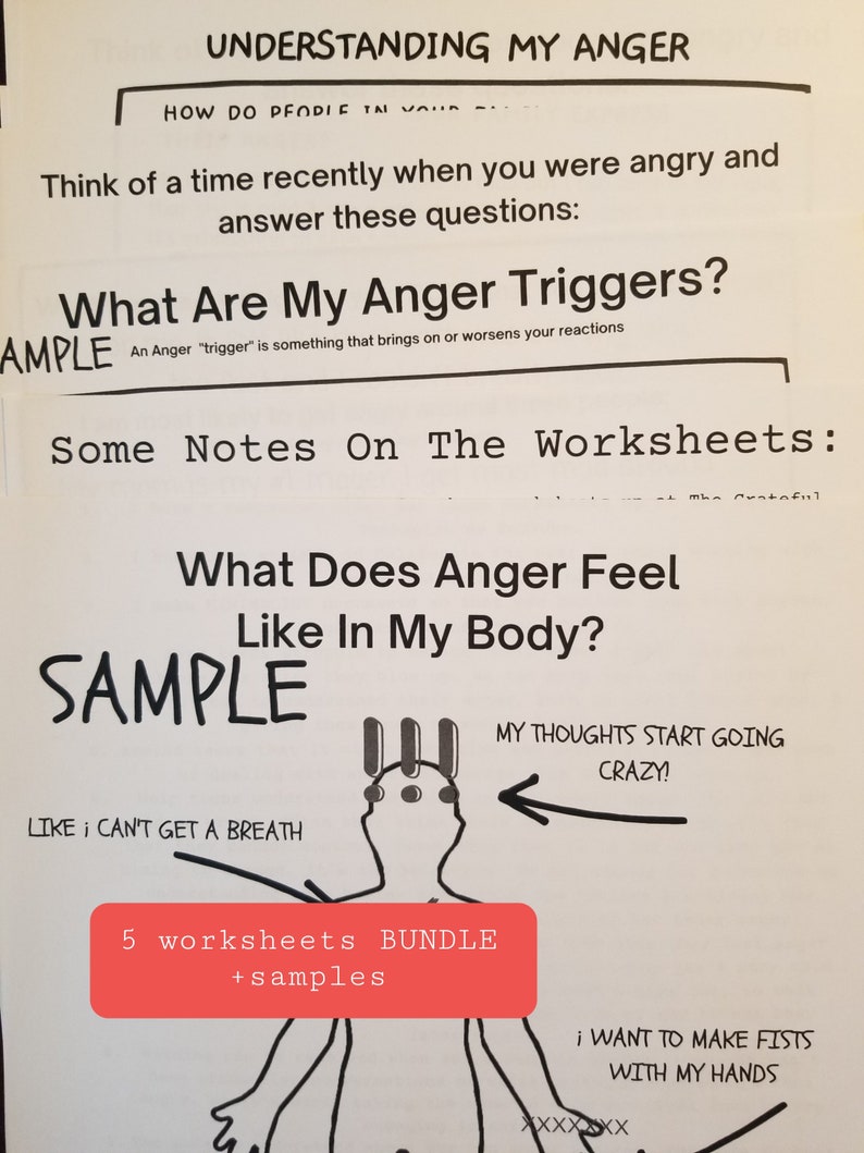May include: A black and white illustration of a person with a red box that says "5 worksheets bundle + samples". The illustration shows the person's head, arms, and legs. The person's head has three lines drawn on it and the text "My thoughts start going crazy!" is written above the head. The text "Like I can't get a breath" is written below the person's head. The text "I want to make fists with my hands" is written below the person's legs. The text "Understanding My Anger" is written at the top of the page. The text "What Are My Anger Triggers?" is written in a box below the title. The text "What Does Anger Feel Like In My Body?" is written in a box below the text about anger triggers.