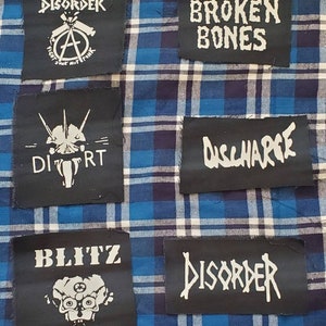 Punk crust punk band patches( Disorder,broken bones,dirt,discharge,blitz)