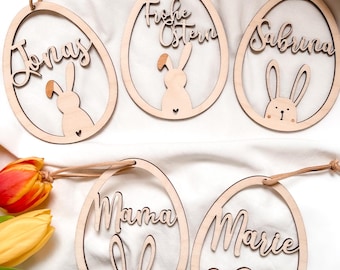 Gepersonaliseerde houten paasdecoraties, paaslabels met naam, paascadeaulabels, paasmandjes, paasnestjes