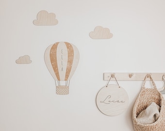 Hot air balloon in boho style made of wood, as decoration for the children's room with personalized name plate with clouds gift for Christmas