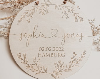 Personalized wooden wedding gift with name as a sign with hanging engraved wedding gift