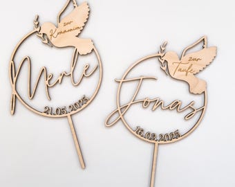 Cake Topper zur Taufe und Kommunion mit Namen und Datum personalisiert | Kuchenstecker als Taufgeschenk für das Patenkind | nachhaltige Deko