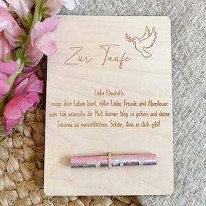 Geschenk zur Taufe für das Taufkind oder Patenkind - personalisiertes Geldgeschenk aus Holz mit Namen und Grußtext | gravierte Postkarte
