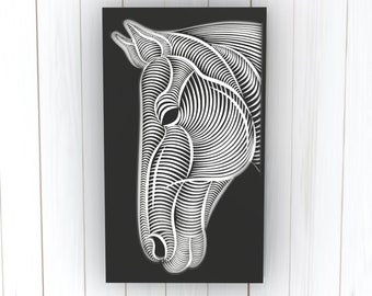 May include: A black and white line art illustration of a horse's head, with the horse's head facing to the left. The illustration is on a black background.