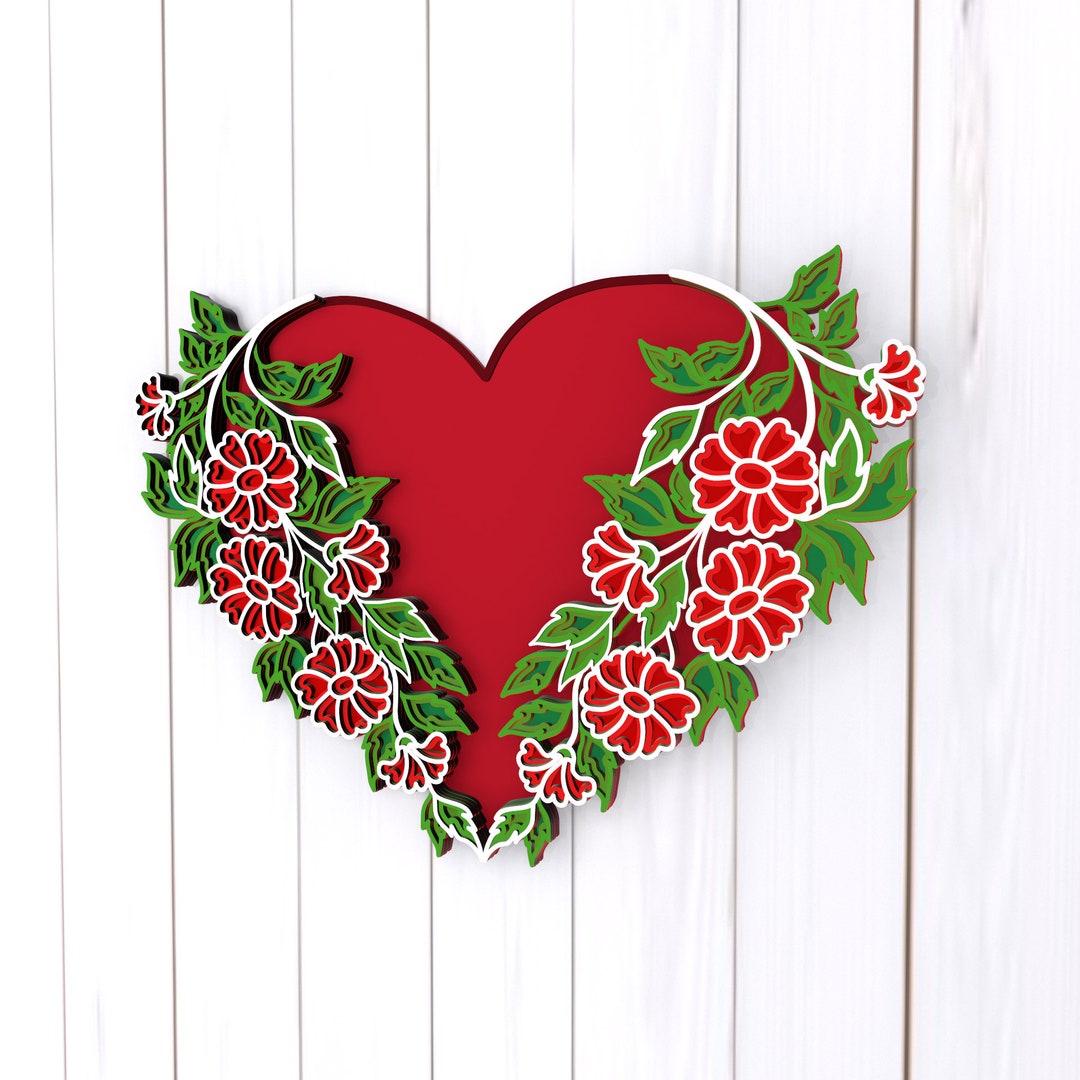 Heart and Flowers 3D Mandala Svg Files, Multilayer Panel for Laser ...
