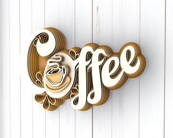 May include: A 3D layered paper craft sign that says "Coffee" with a stylised coffee cup and steam design in the centre.