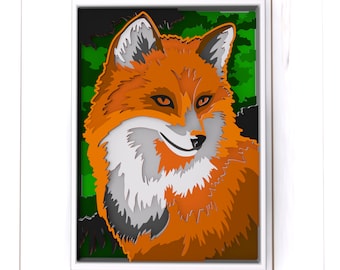 May include: A papercraft fox with orange, white, and gray fur, set against a green and black background. The fox is looking directly at the viewer with a slight smile.