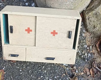 Old Antique Vintage Wooden Medical Box First Aid Chest Cupboard Tag Retro 1950's