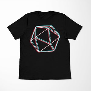 May include: Black t-shirt with a white geometric design in red and blue glitch effect.